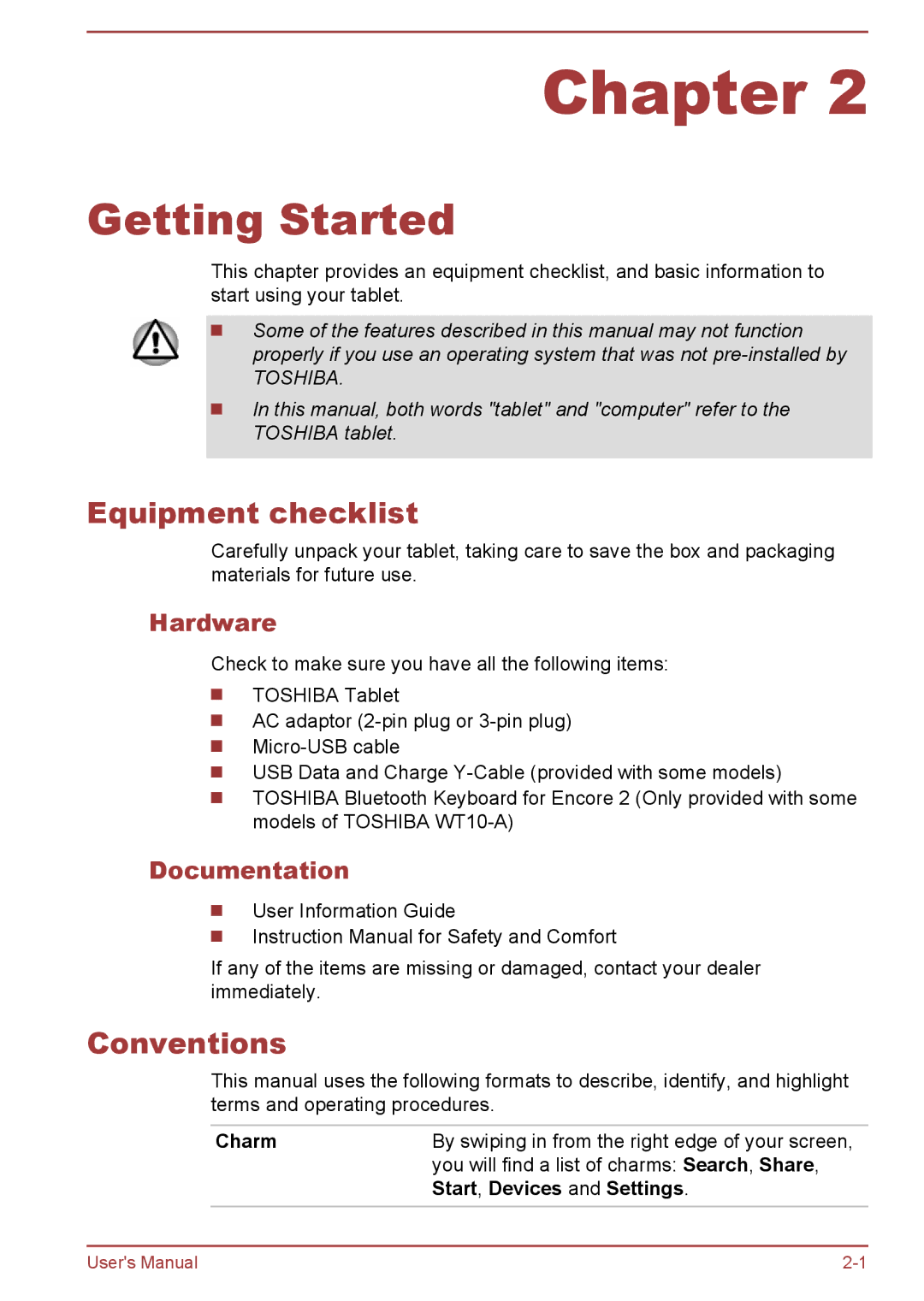 Toshiba WT8-B, WT10-A user manual Getting Started, Equipment checklist, Conventions, Hardware, Documentation 