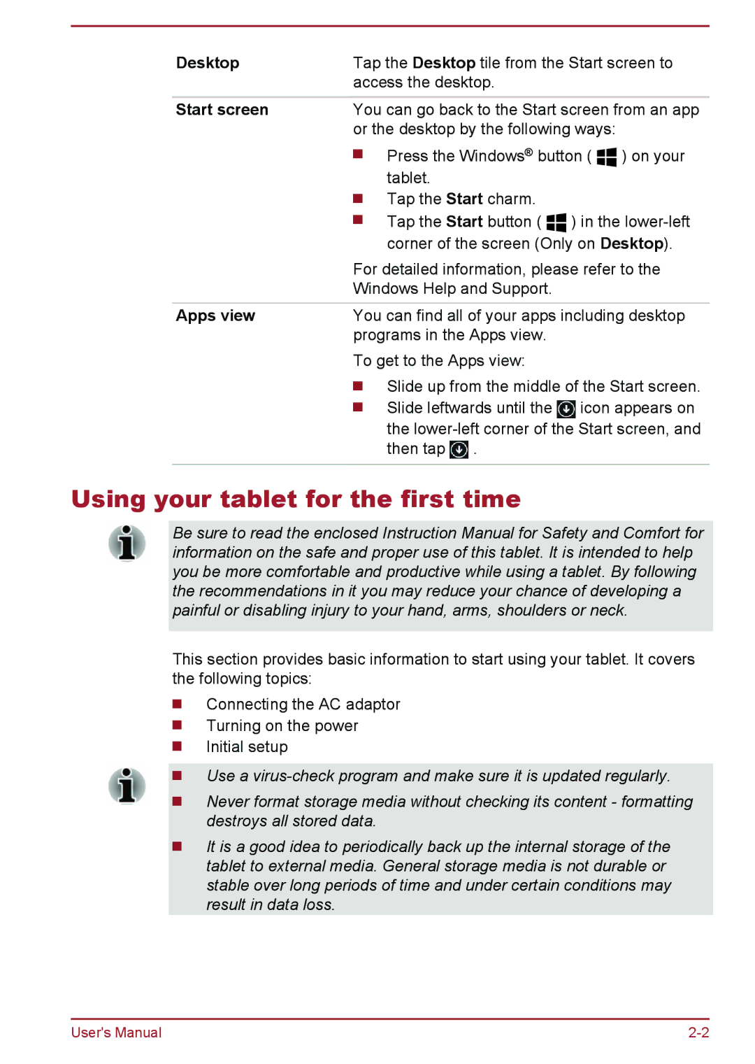 Toshiba WT10-A, WT8-B user manual Using your tablet for the first time, Desktop, Start screen, Apps view 