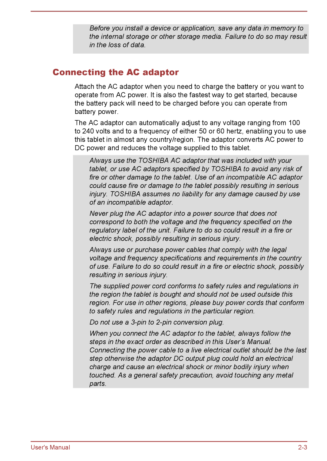 Toshiba WT8-B, WT10-A user manual Connecting the AC adaptor 