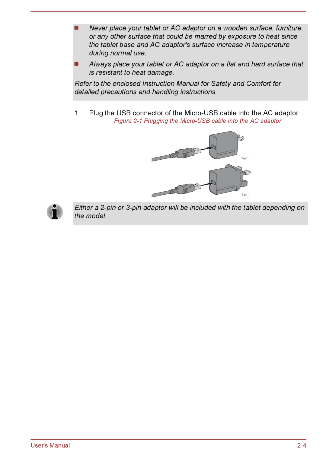 Toshiba WT10-A, WT8-B user manual Plugging the Micro-USB cable into the AC adaptor 