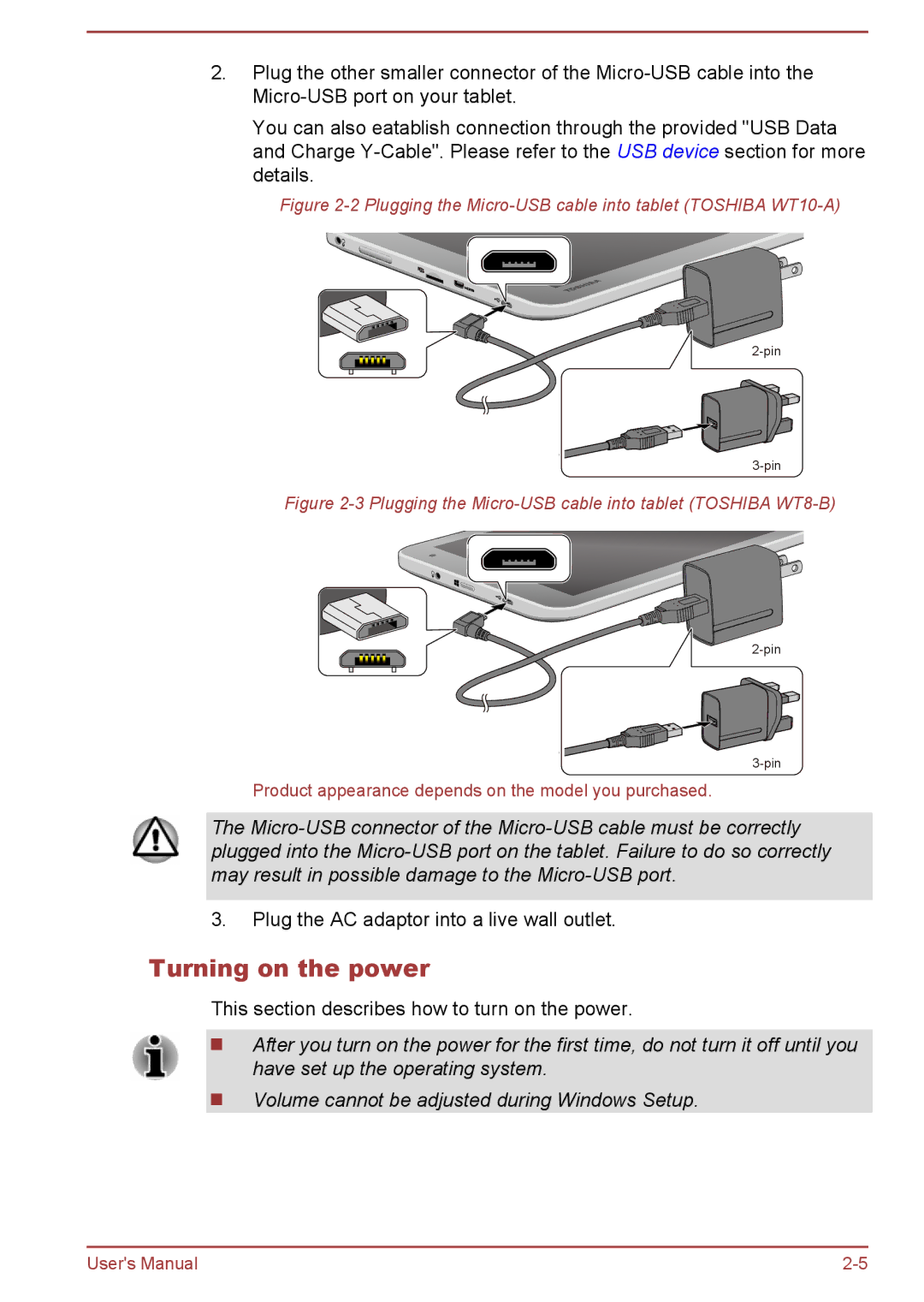 Toshiba WT8-B user manual Turning on the power, Plugging the Micro-USB cable into tablet Toshiba WT10-A 