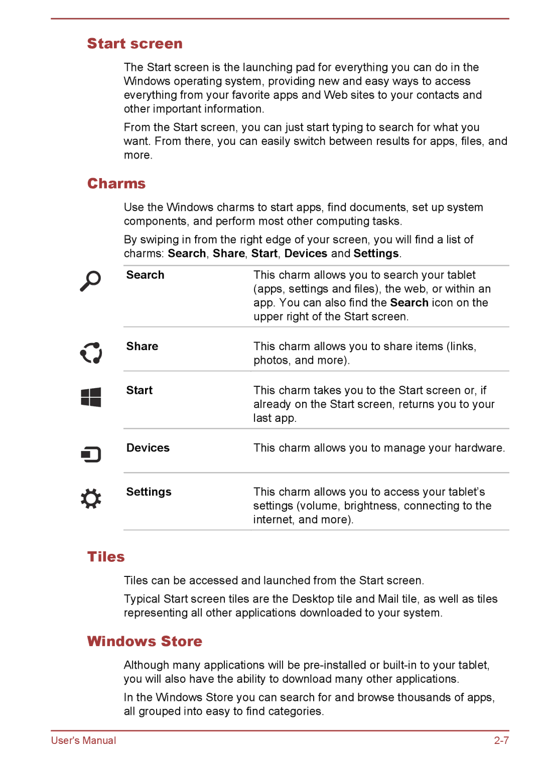 Toshiba WT8-B, WT10-A user manual Start screen, Charms, Tiles, Windows Store 