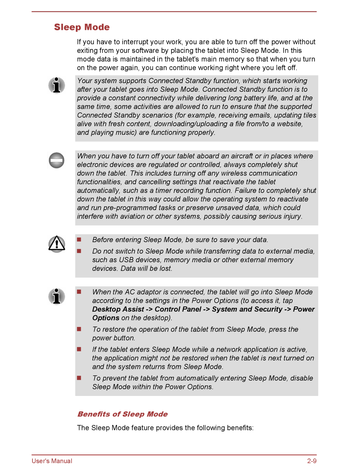 Toshiba WT8-B, WT10-A user manual Benefits of Sleep Mode 