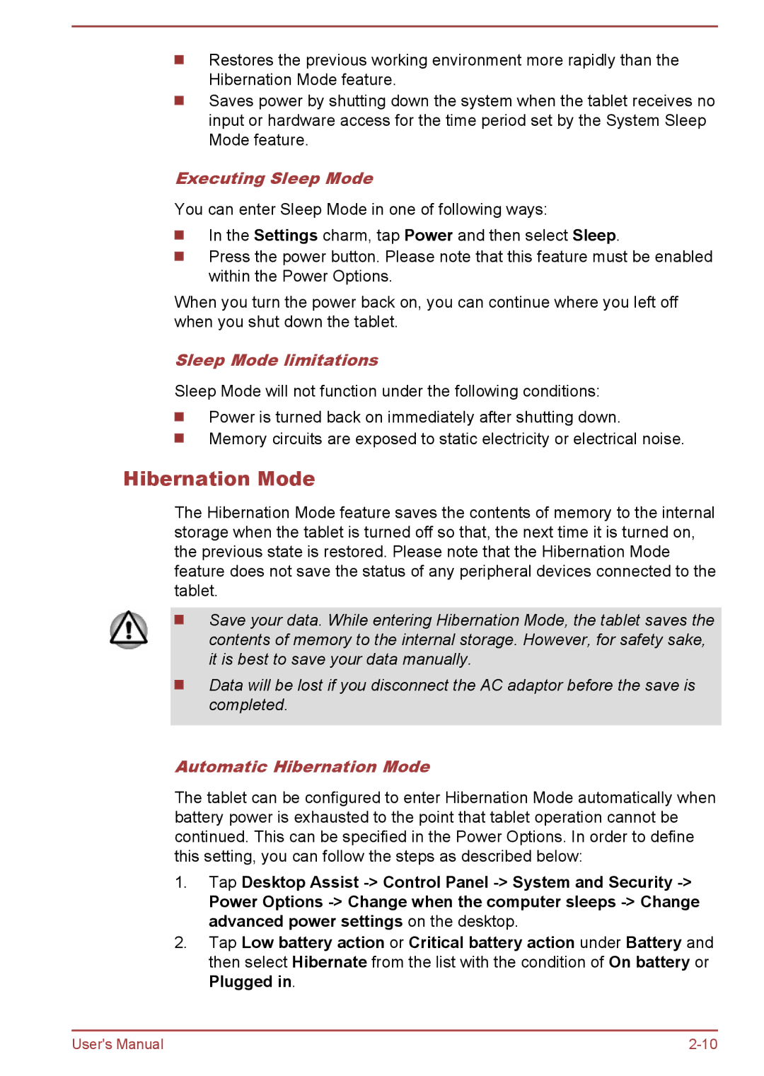 Toshiba WT10-A, WT8-B user manual Executing Sleep Mode, Sleep Mode limitations, Automatic Hibernation Mode 