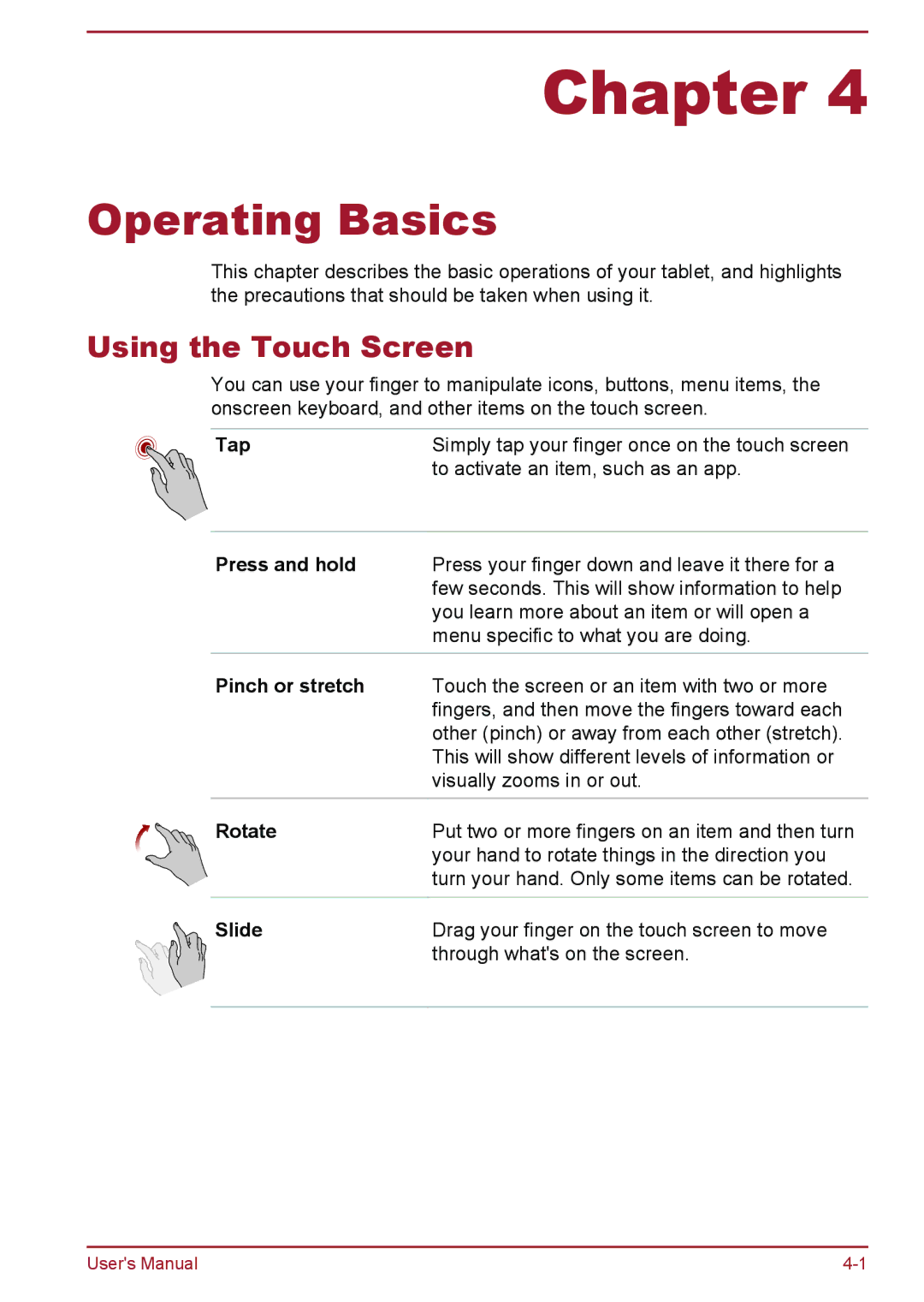 Toshiba WT8-B, WT10-A user manual Operating Basics, Using the Touch Screen 