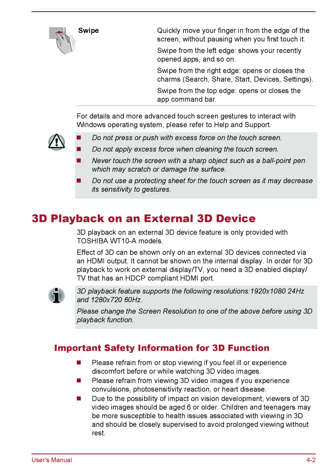 Toshiba WT10-A, WT8-B user manual 3D Playback on an External 3D Device, Important Safety Information for 3D Function, Swipe 