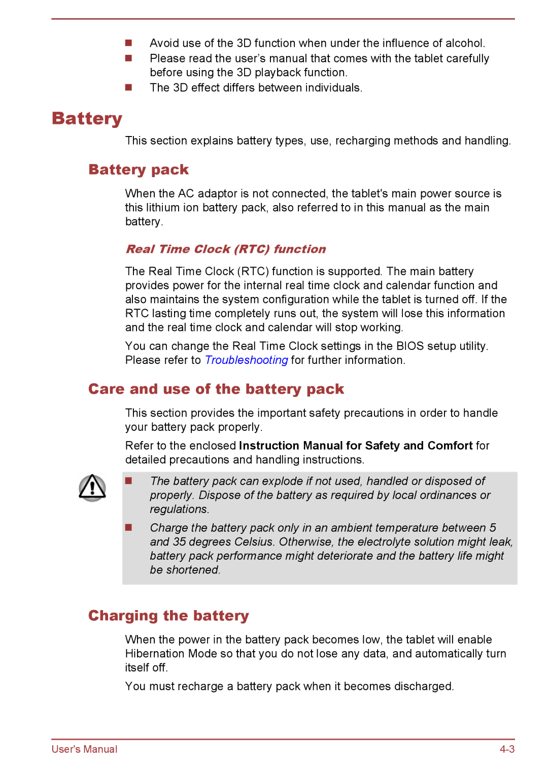 Toshiba WT8-B Battery pack, Care and use of the battery pack, Charging the battery, Real Time Clock RTC function 