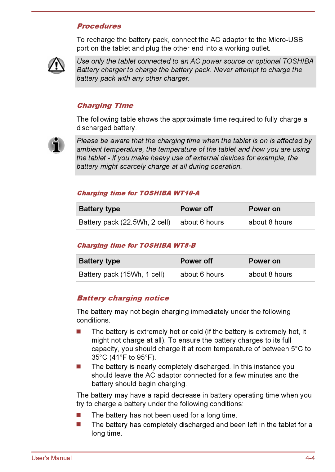 Toshiba WT10-A, WT8-B user manual Procedures, Charging Time, Battery charging notice 