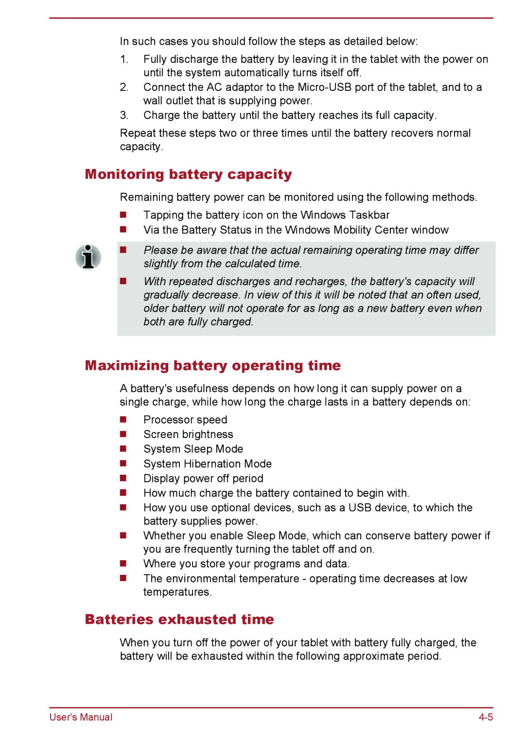 Toshiba WT8-B, WT10-A user manual Monitoring battery capacity, Maximizing battery operating time, Batteries exhausted time 