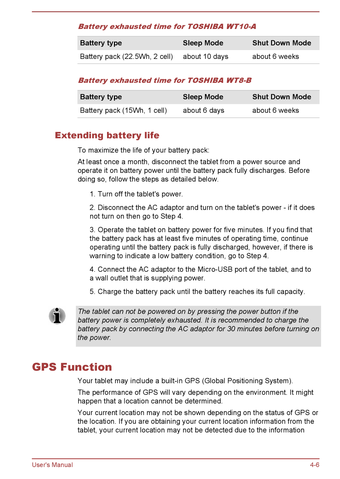 Toshiba WT8-B user manual GPS Function, Extending battery life, Battery exhausted time for Toshiba WT10-A 