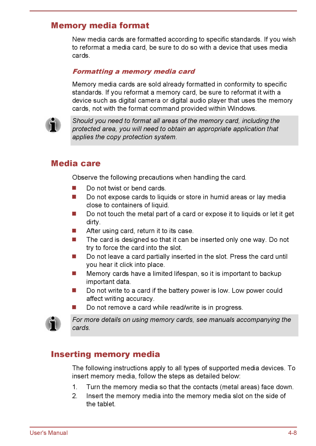 Toshiba WT10-A, WT8-B user manual Memory media format, Media care, Inserting memory media, Formatting a memory media card 