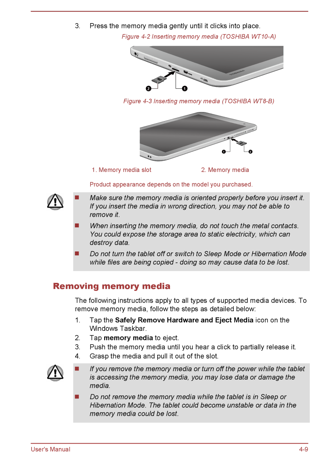 Toshiba WT8-B user manual Removing memory media, Inserting memory media Toshiba WT10-A 