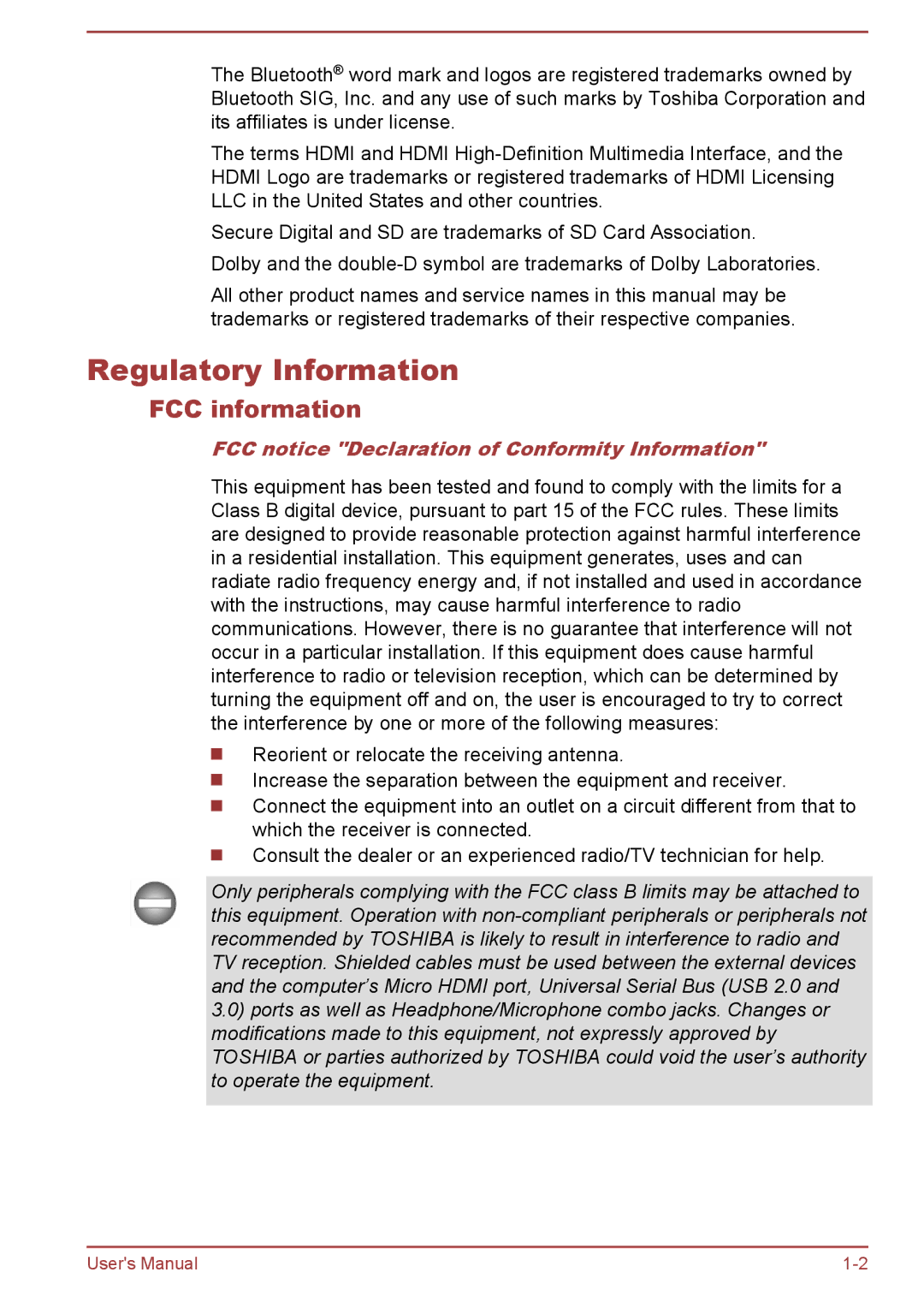 Toshiba WT8-B, WT10-A user manual Regulatory Information, FCC information, FCC notice Declaration of Conformity Information 