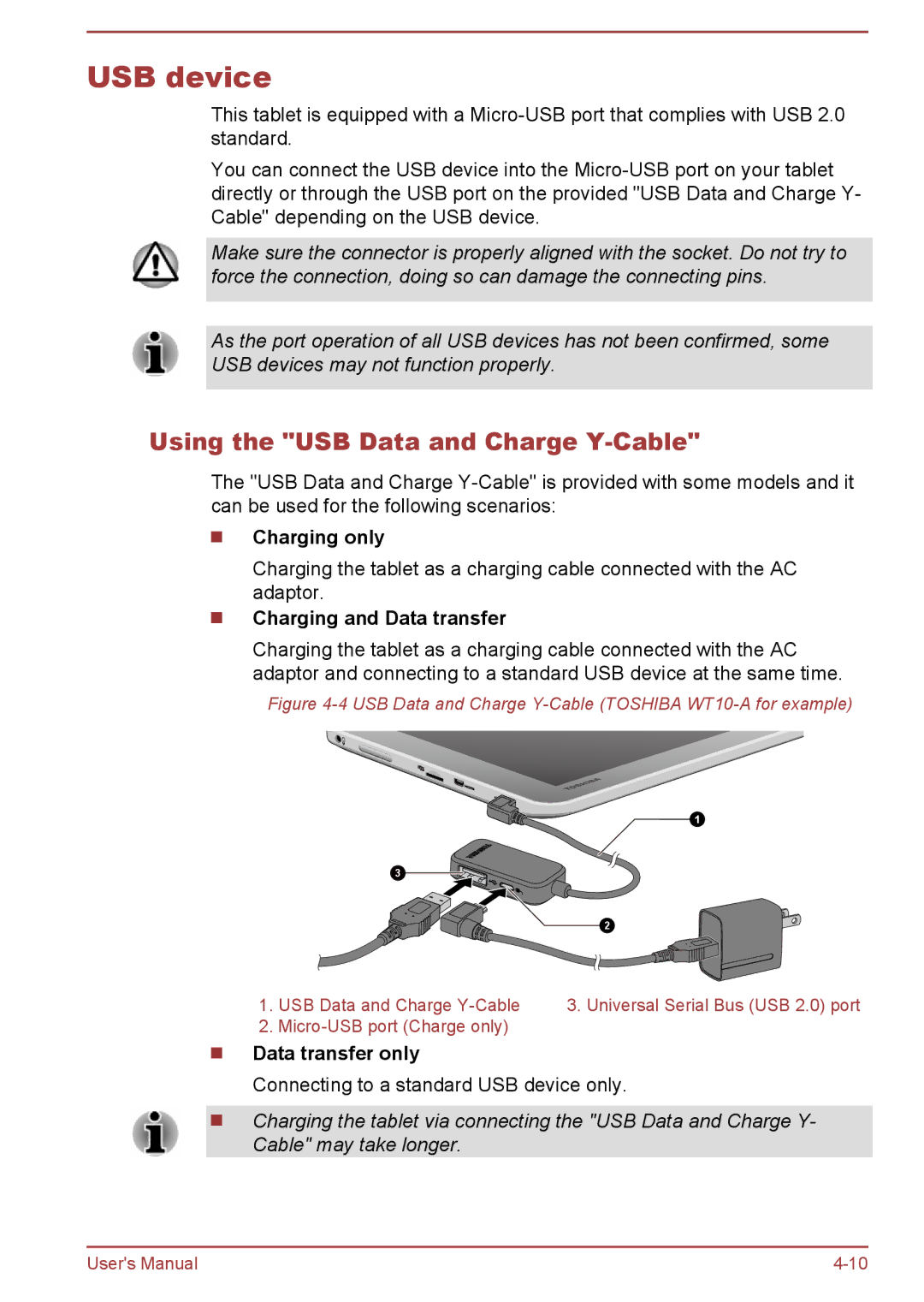 Toshiba WT10-A, WT8-B USB device, Using the USB Data and Charge Y-Cable, Charging only, Charging and Data transfer 