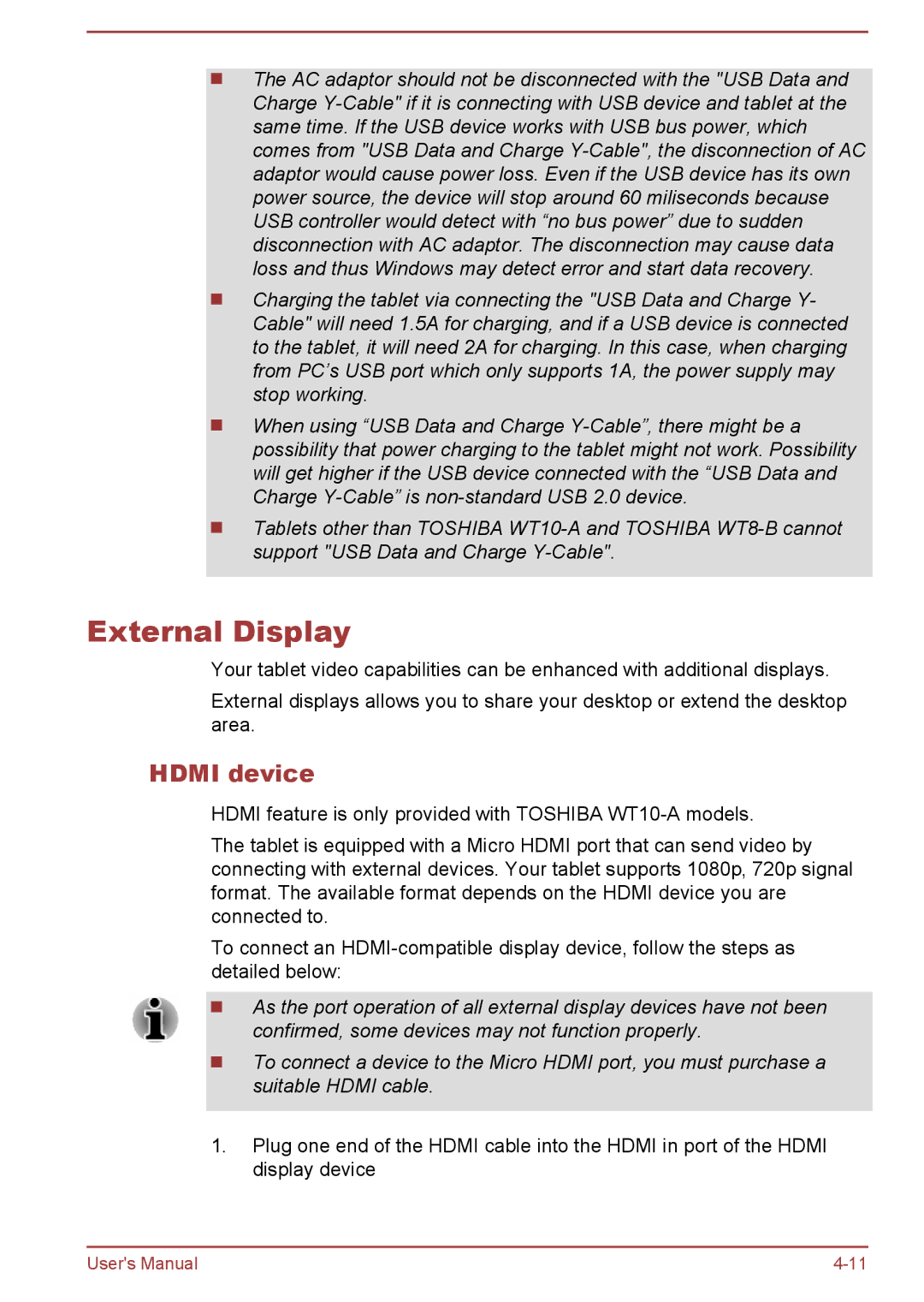 Toshiba WT8-B, WT10-A user manual External Display, Hdmi device 