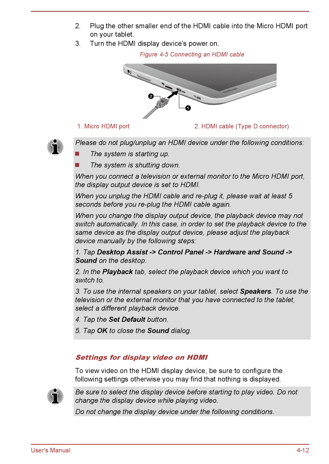 Toshiba WT10-A, WT8-B user manual Settings for display video on Hdmi, Connecting an Hdmi cable 