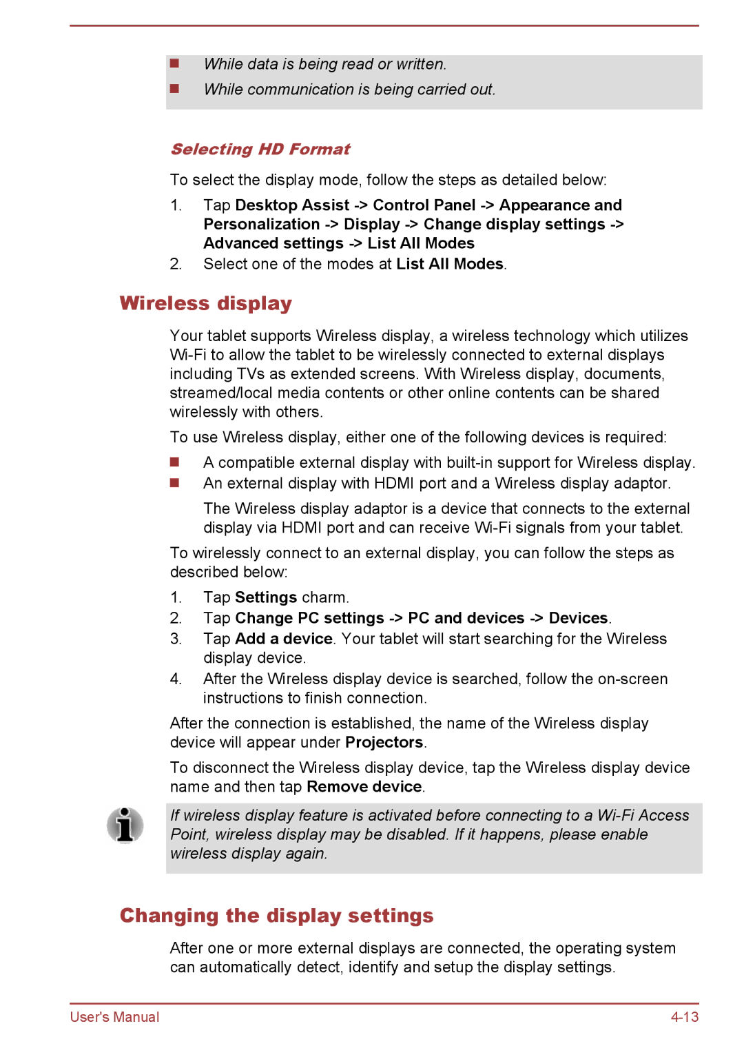 Toshiba WT8-B, WT10-A user manual Wireless display, Changing the display settings, Selecting HD Format 