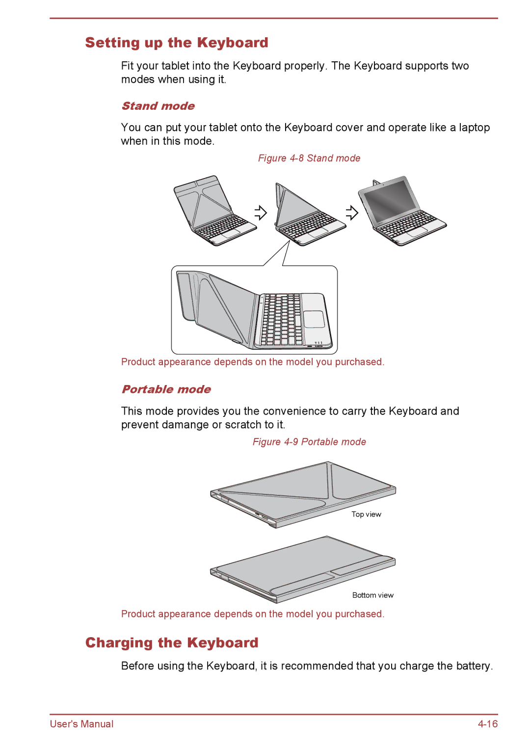 Toshiba WT10-A, WT8-B user manual Setting up the Keyboard, Charging the Keyboard, Stand mode, Portable mode 