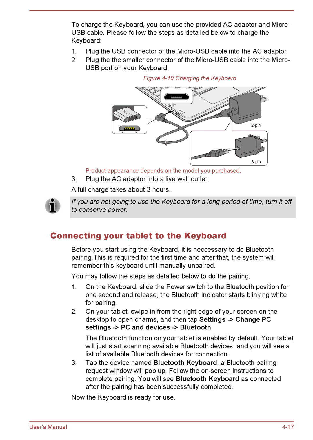 Toshiba WT8-B, WT10-A user manual Connecting your tablet to the Keyboard, Charging the Keyboard 