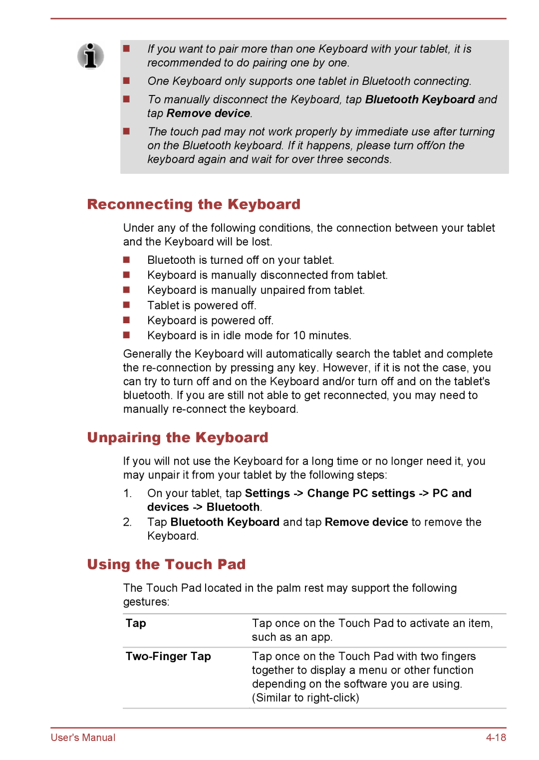 Toshiba WT10-A, WT8-B user manual Reconnecting the Keyboard, Unpairing the Keyboard, Using the Touch Pad, Two-Finger Tap 