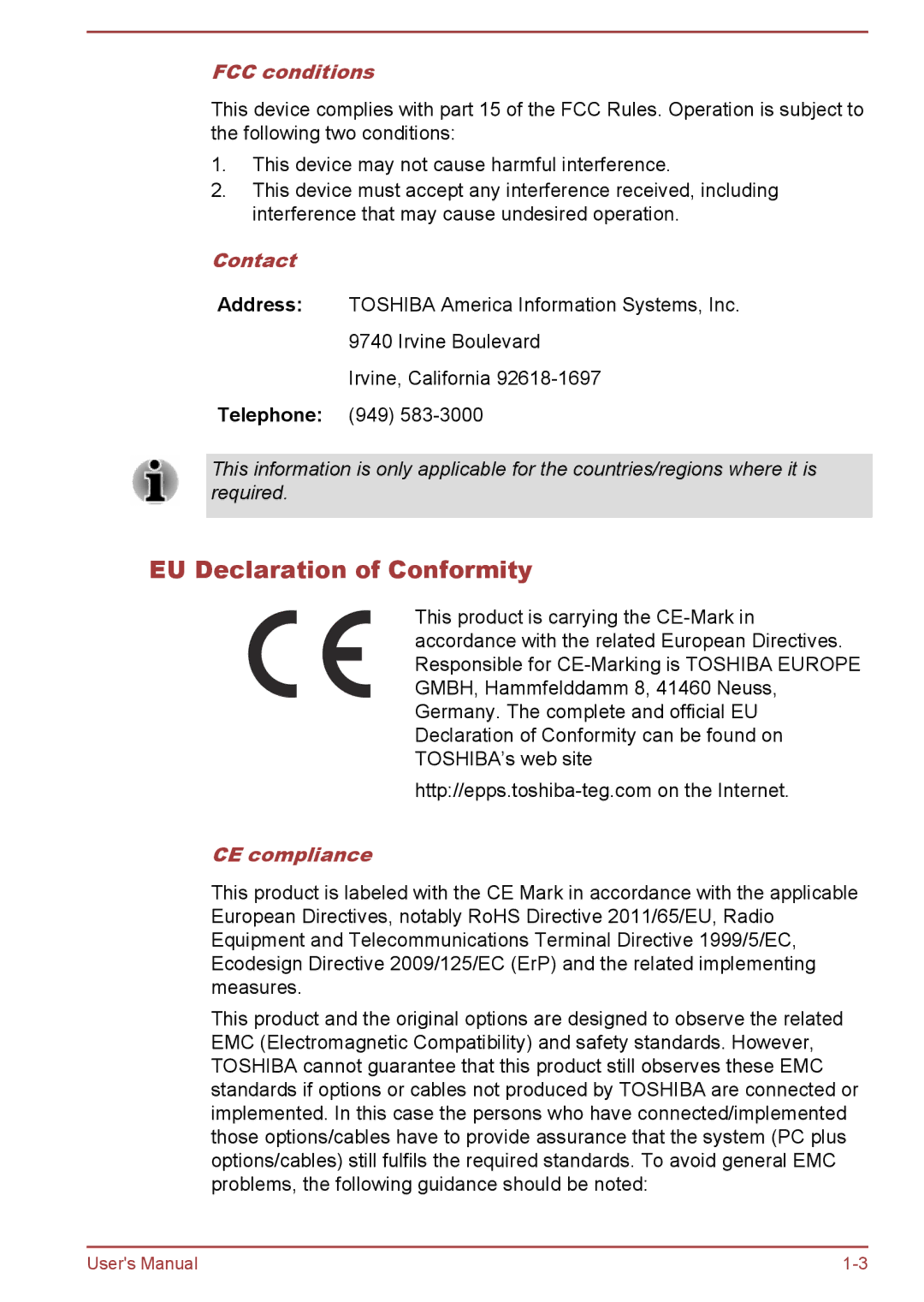 Toshiba WT10-A, WT8-B user manual EU Declaration of Conformity, FCC conditions, Contact, CE compliance 