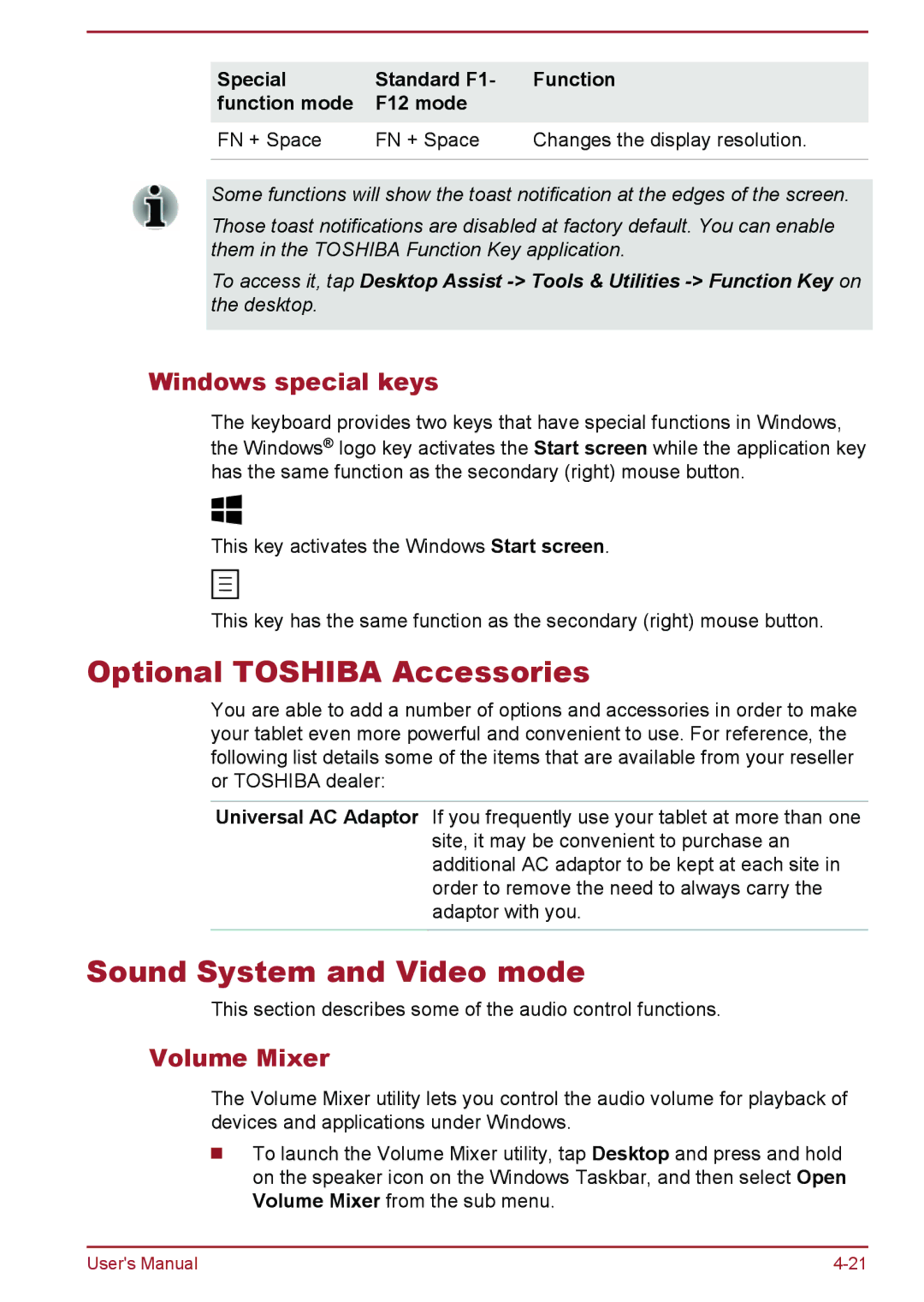 Toshiba WT8-B, WT10-A Optional Toshiba Accessories, Sound System and Video mode, Windows special keys, Volume Mixer 