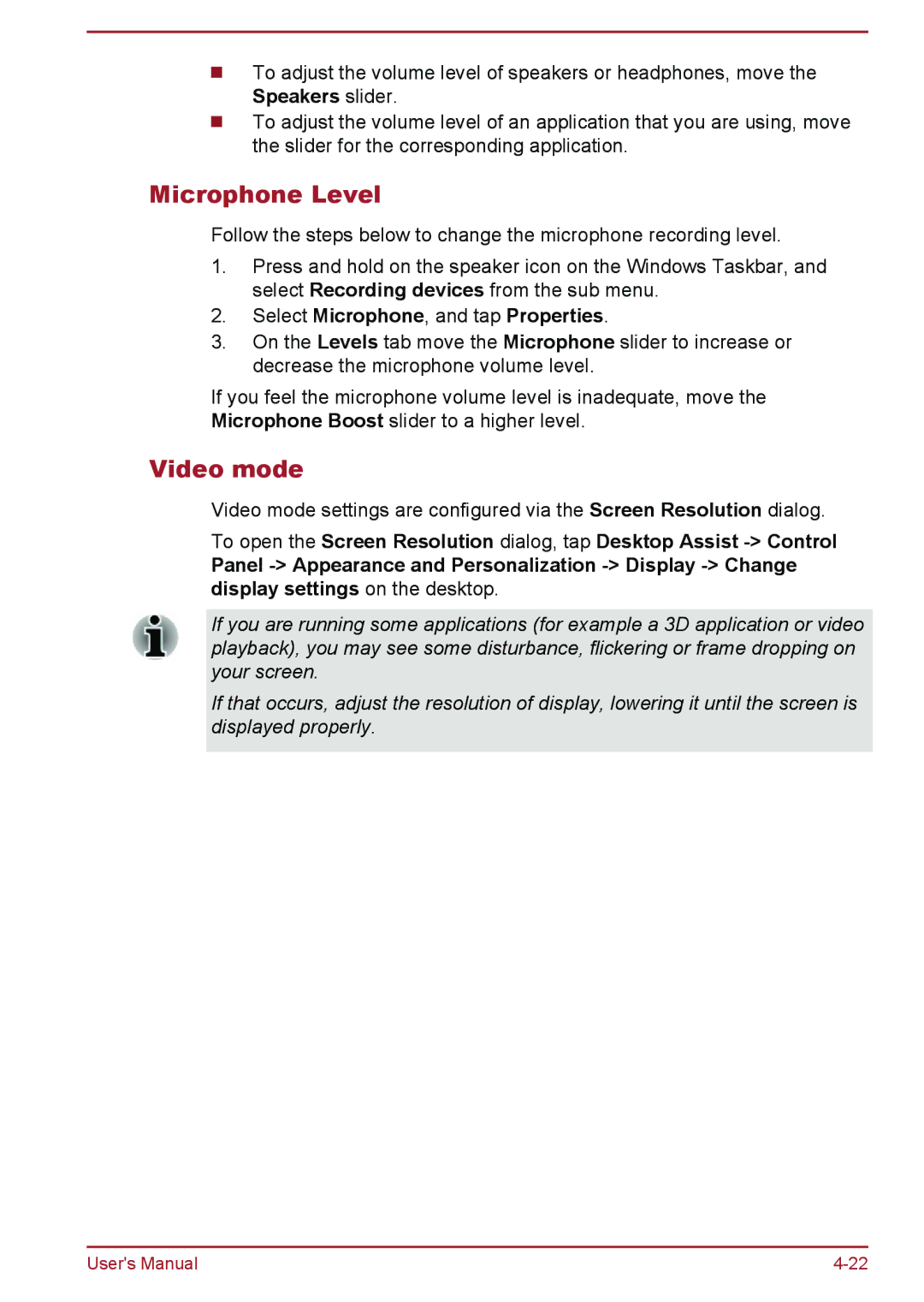 Toshiba WT10-A, WT8-B user manual Microphone Level, Video mode, Select Microphone, and tap Properties 