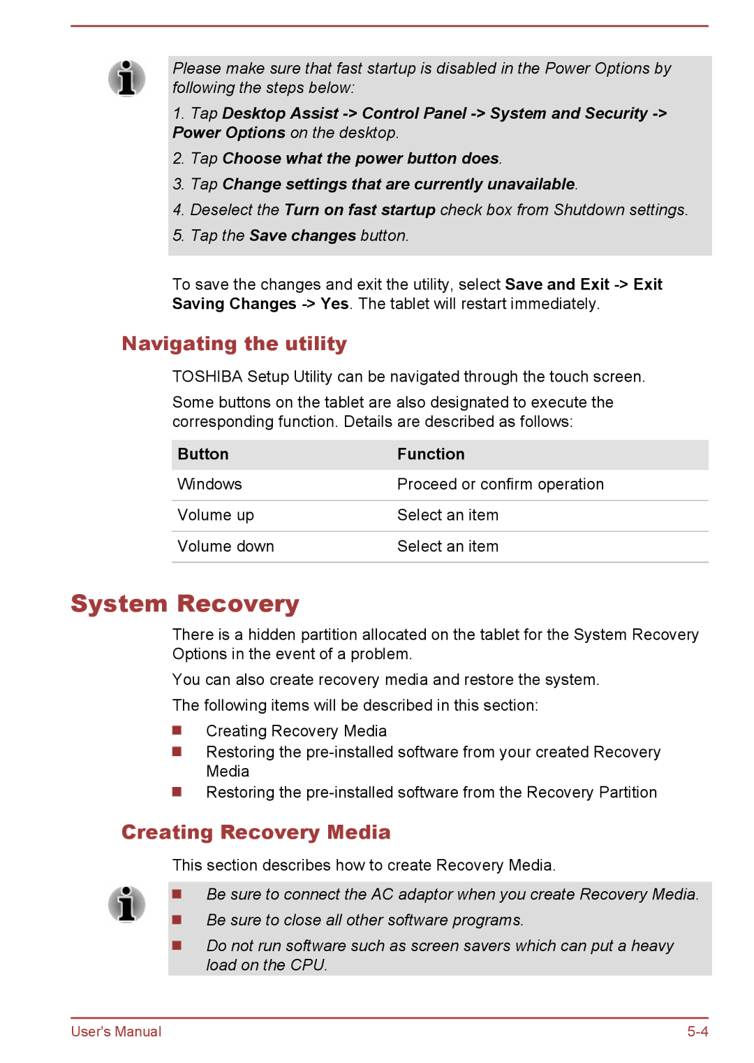 Toshiba WT10-A, WT8-B user manual System Recovery, Navigating the utility, Creating Recovery Media, Button Function 