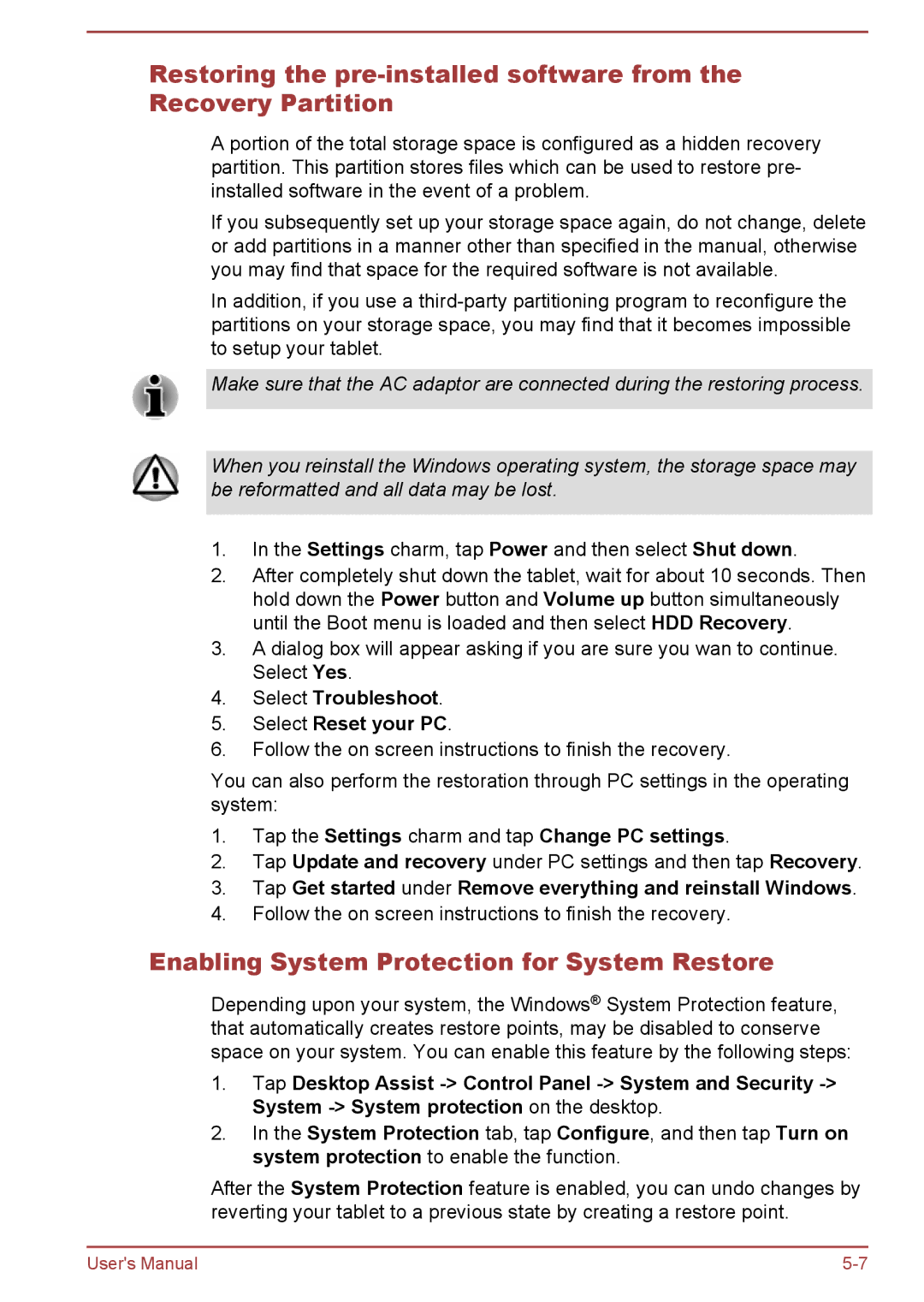 Toshiba WT8-B, WT10-A user manual Enabling System Protection for System Restore, Select Troubleshoot Select Reset your PC 