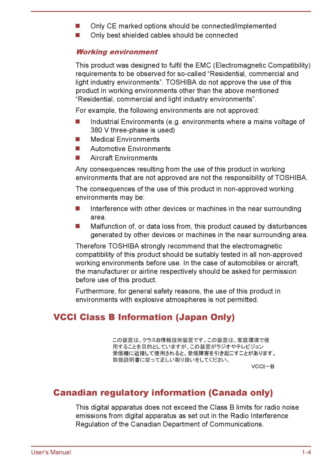 Toshiba WT8-B Vcci Class B Information Japan Only, Canadian regulatory information Canada only, Working environment 