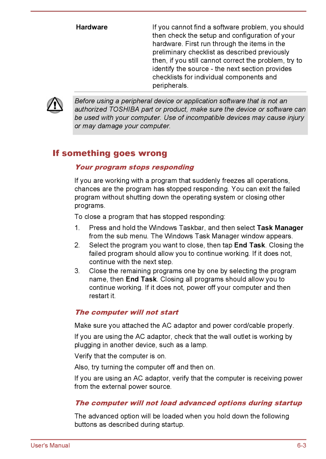 Toshiba WT10-A, WT8-B user manual If something goes wrong, Hardware, Your program stops responding, Computer will not start 