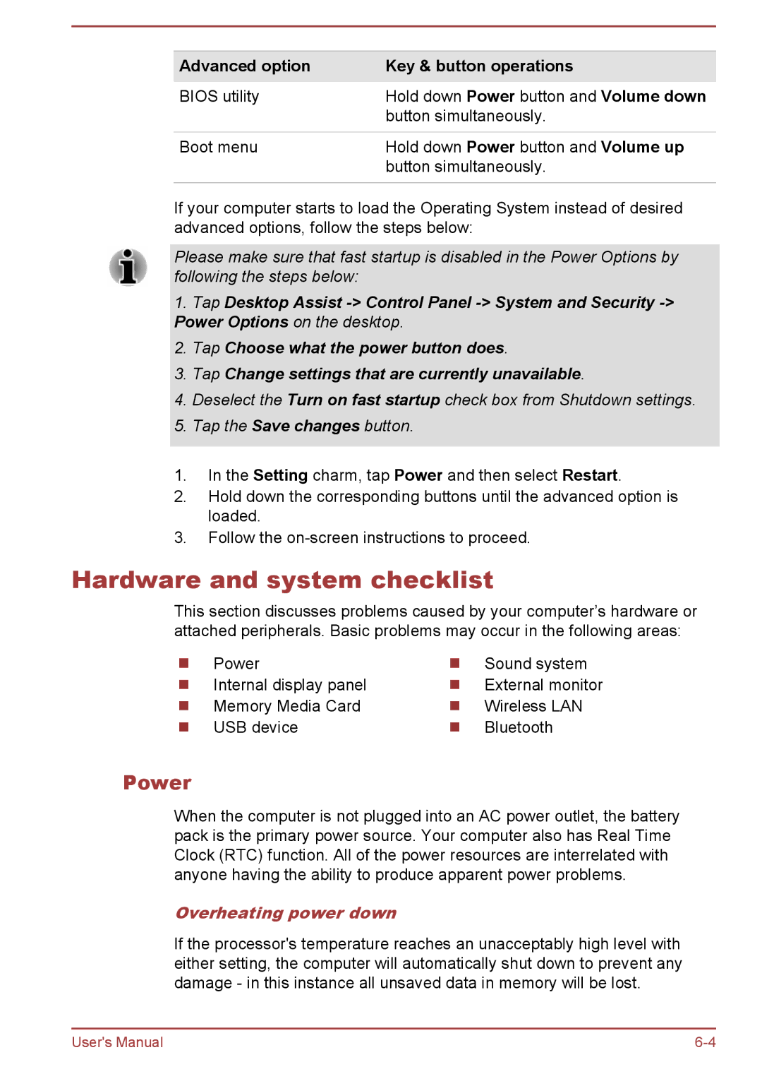 Toshiba WT8-B Hardware and system checklist, Power, Advanced option Key & button operations, Overheating power down 