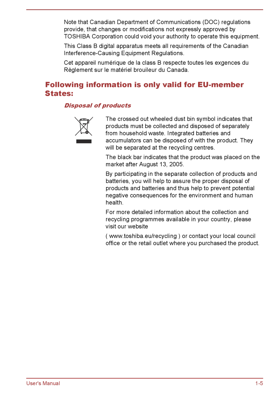 Toshiba WT10-A, WT8-B user manual Following information is only valid for EU-member States, Disposal of products 