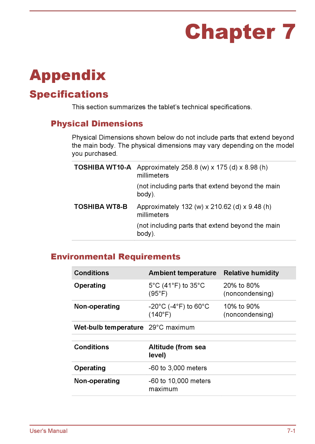 Toshiba WT10-A, WT8-B user manual Appendix, Specifications, Physical Dimensions, Environmental Requirements 