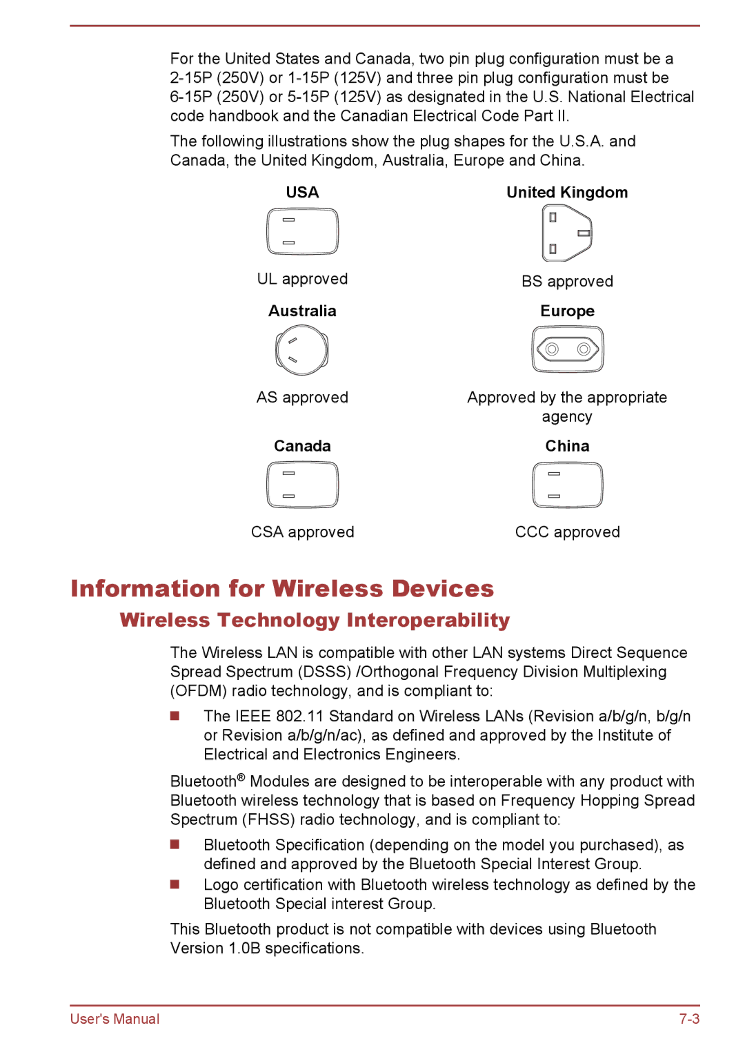 Toshiba WT10-A Information for Wireless Devices, Wireless Technology Interoperability, BS approved, Australia Europe 