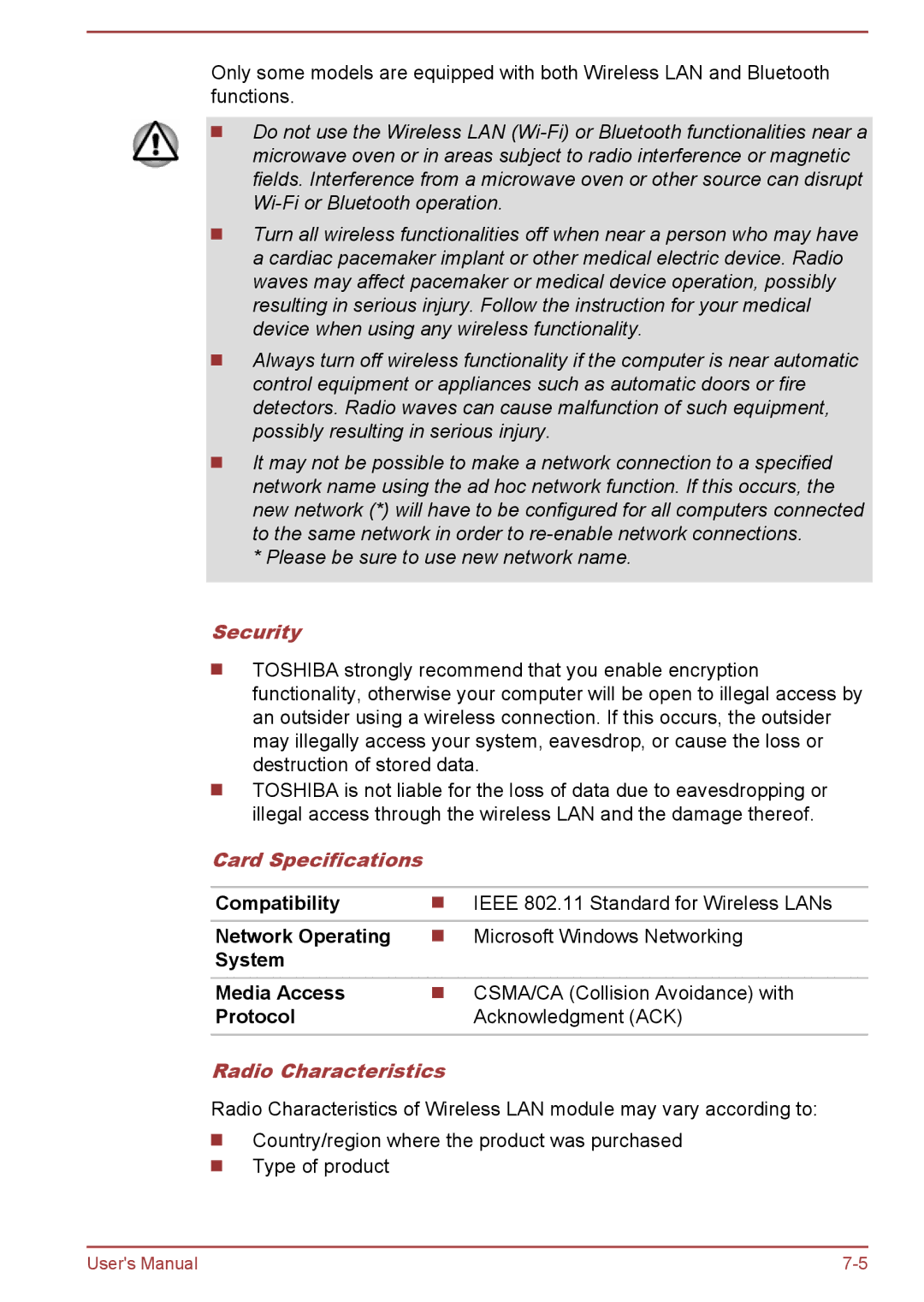 Toshiba WT10-A, WT8-B user manual Security, Card Specifications, Radio Characteristics 