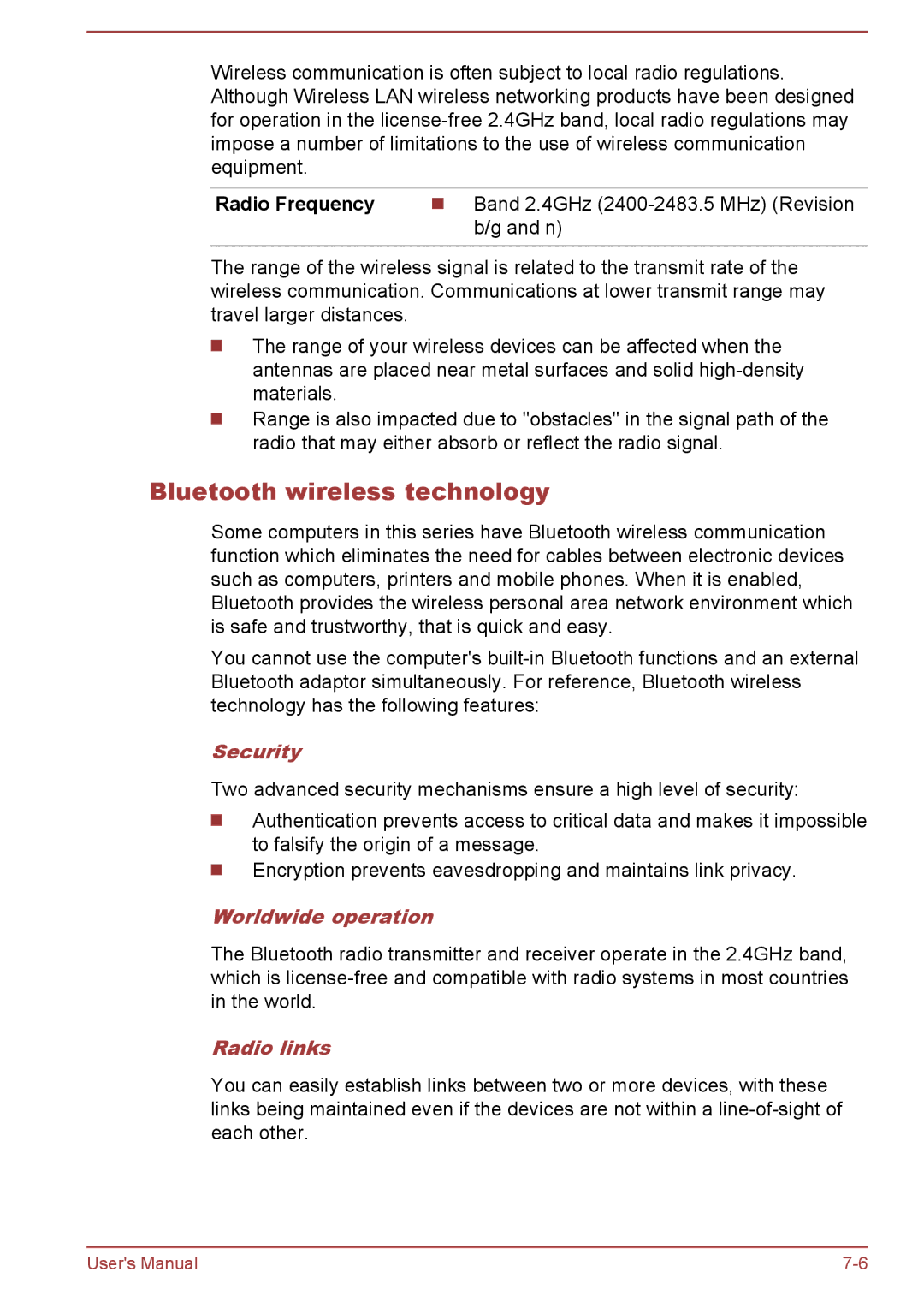 Toshiba WT8-B, WT10-A user manual Bluetooth wireless technology, Radio Frequency, Worldwide operation, Radio links 