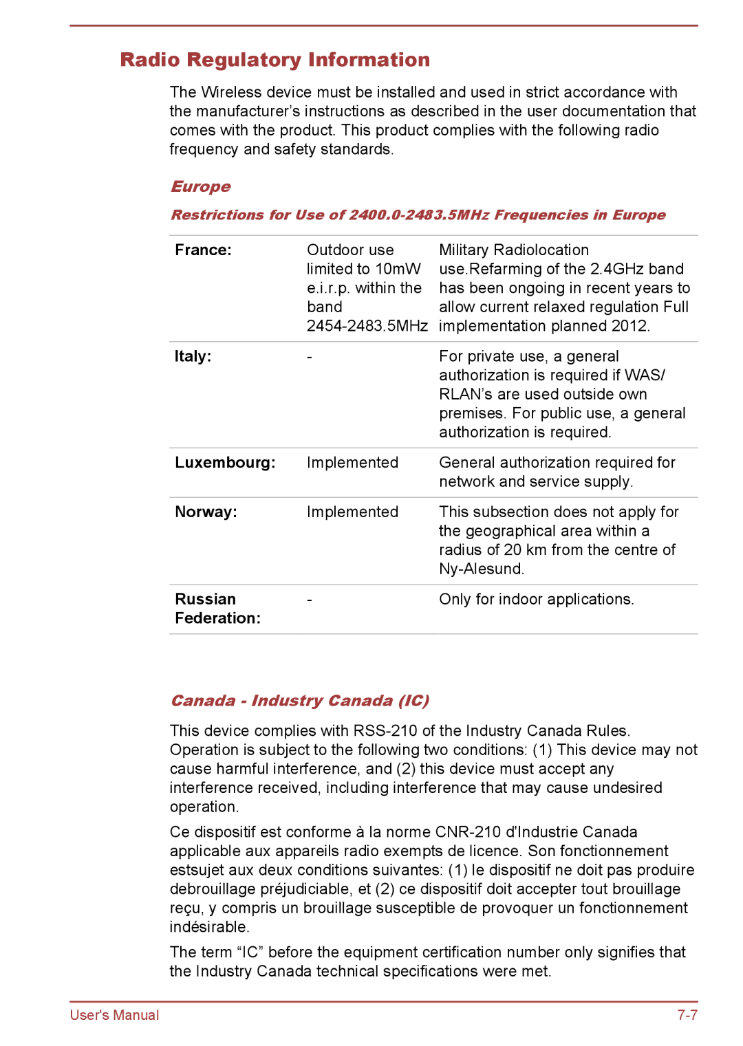 Toshiba WT10-A, WT8-B user manual Radio Regulatory Information, Europe, Canada Industry Canada IC 