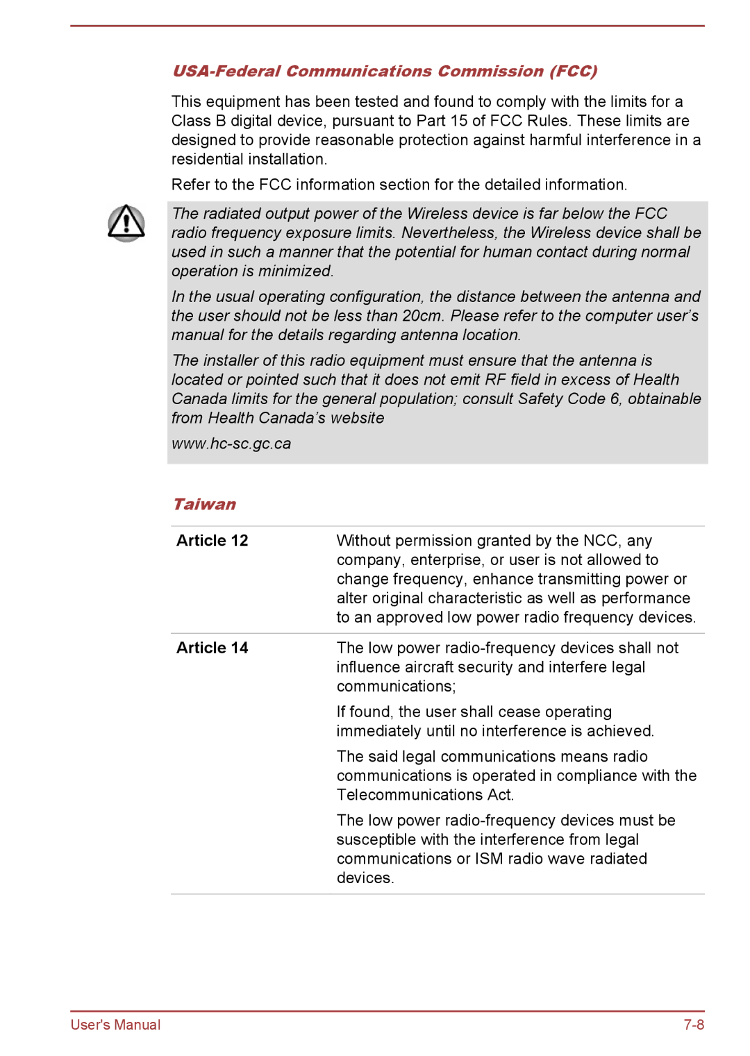 Toshiba WT8-B, WT10-A user manual USA-Federal Communications Commission FCC, Taiwan, Article 