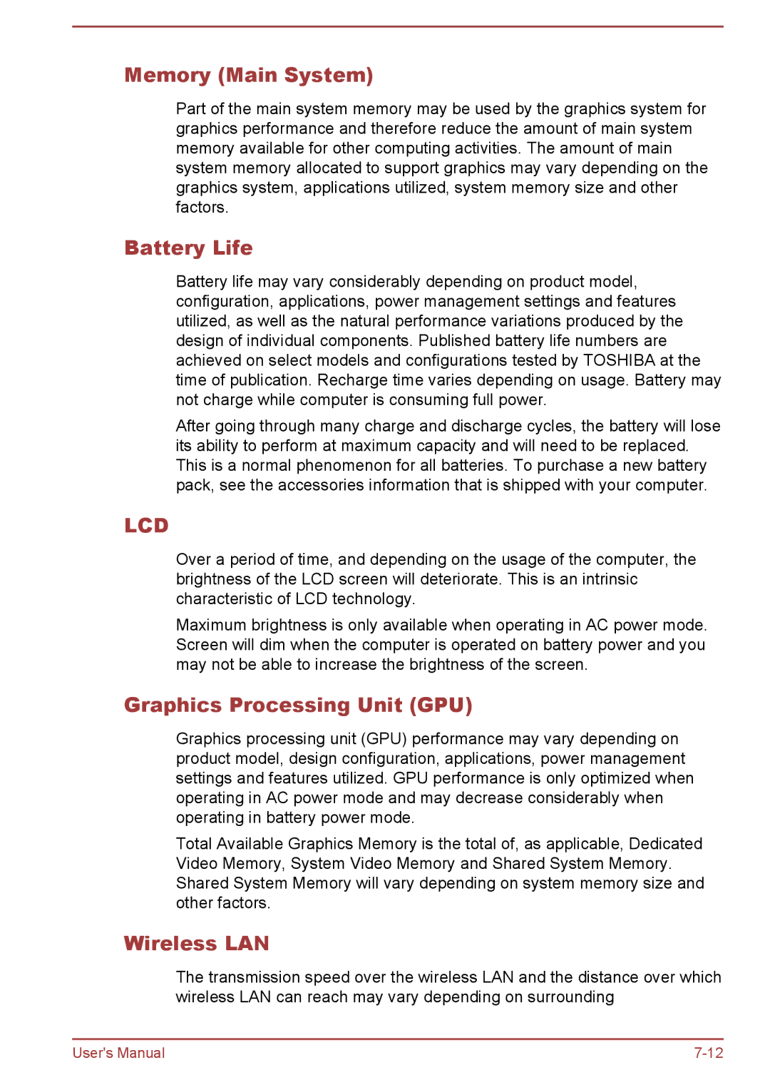 Toshiba WT8-B, WT10-A user manual Memory Main System, Battery Life, Graphics Processing Unit GPU 