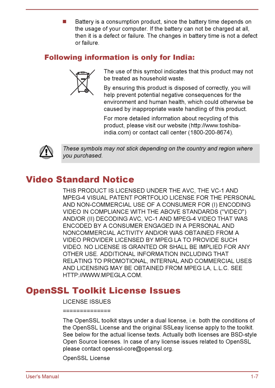 Toshiba WT8-A Series Video Standard Notice OpenSSL Toolkit License Issues, Following information is only for India 