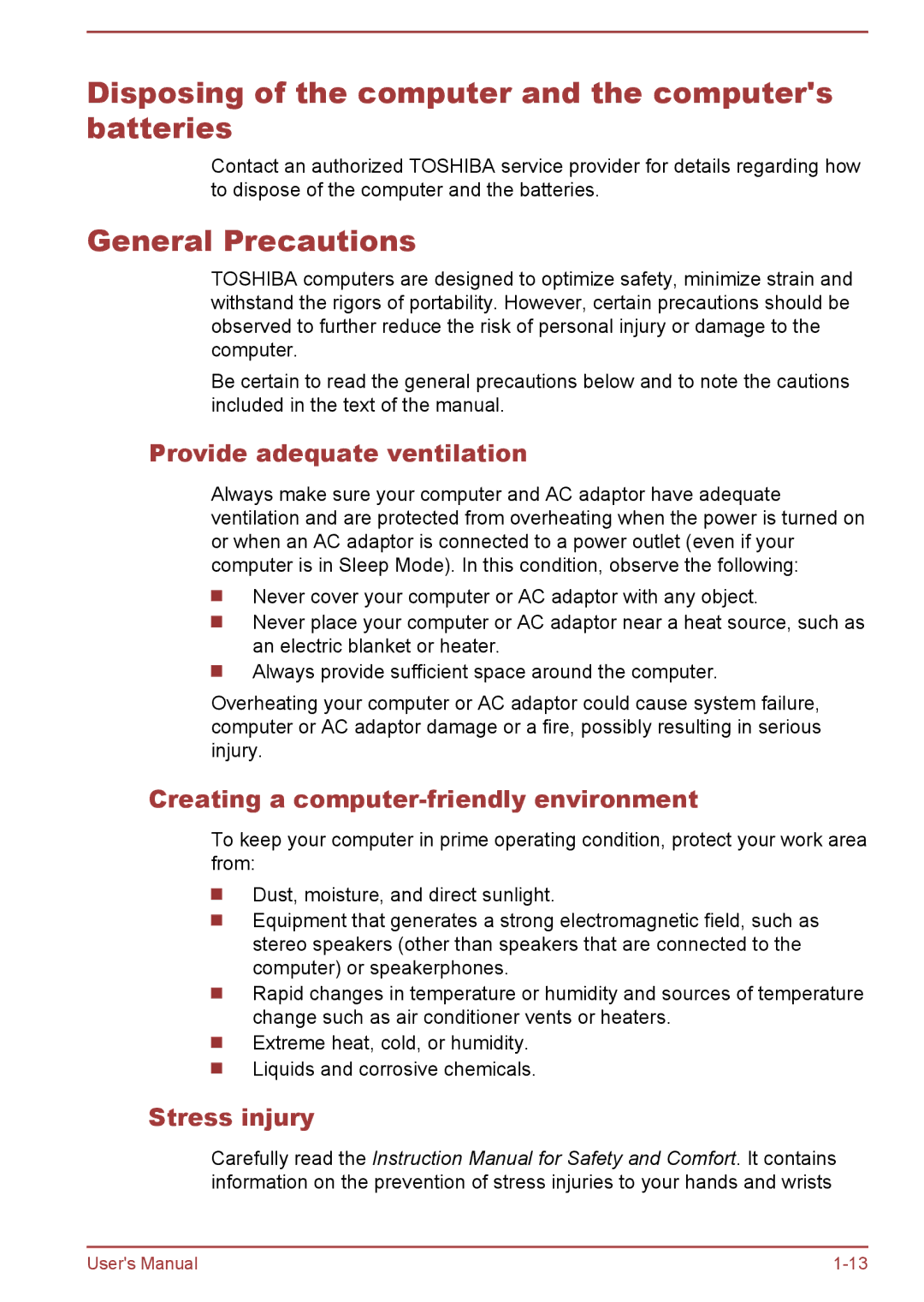 Toshiba WT8-A Series user manual Disposing of the computer and the computers batteries, General Precautions, Stress injury 