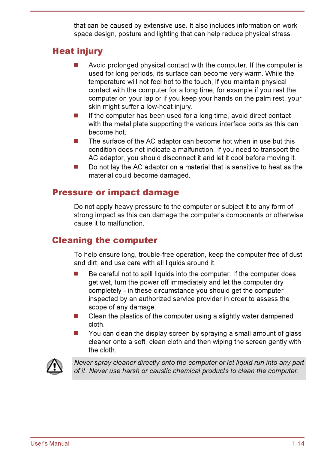 Toshiba WT8-A Series user manual Heat injury, Pressure or impact damage, Cleaning the computer 