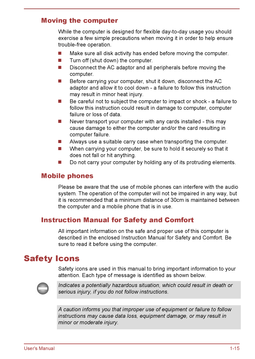 Toshiba WT8-A Series user manual Safety Icons, Moving the computer, Mobile phones 