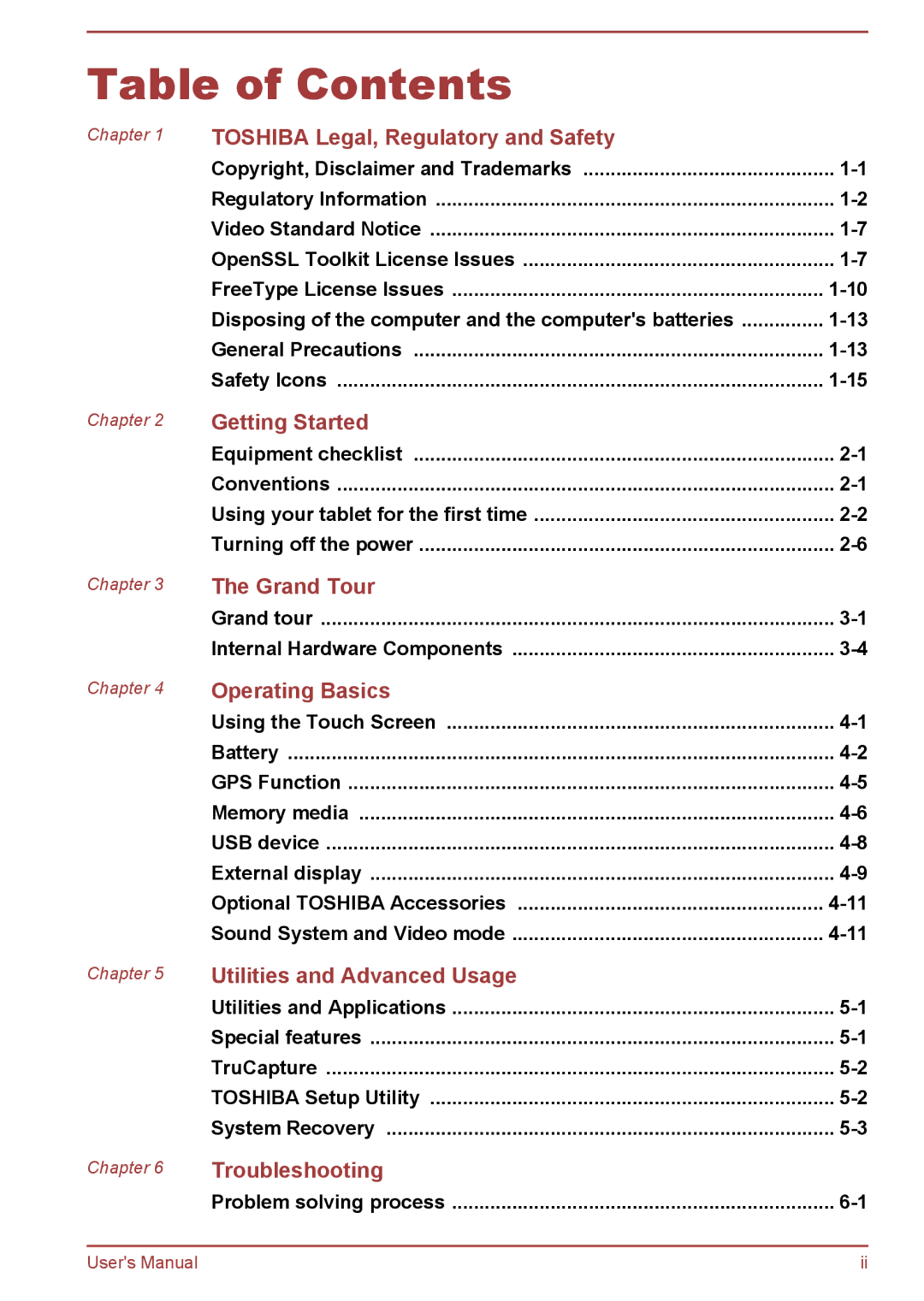 Toshiba WT8-A Series user manual Table of Contents 