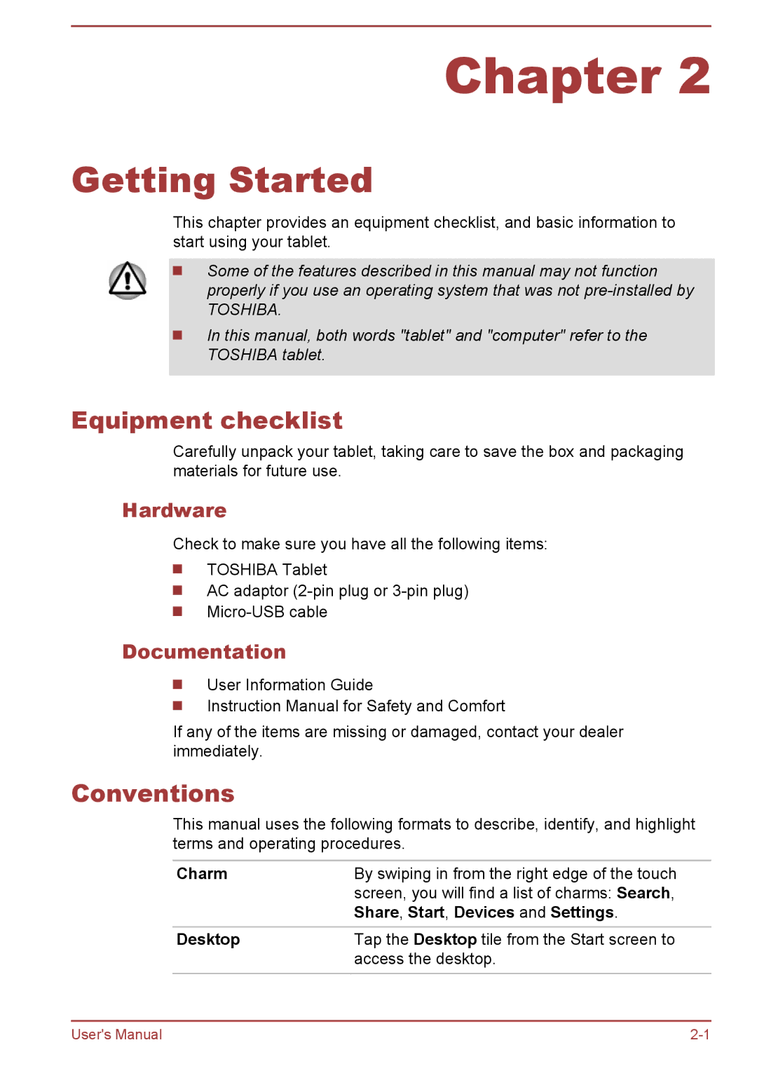 Toshiba WT8-A Series user manual Getting Started, Equipment checklist, Conventions, Hardware, Documentation 