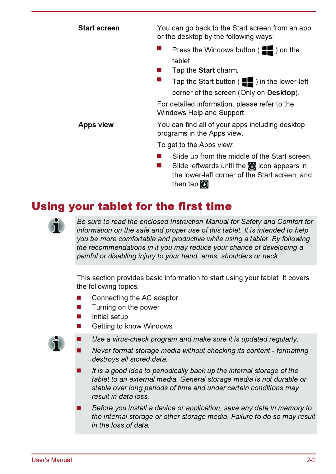 Toshiba WT8-A Series user manual Using your tablet for the first time, Start screen, Apps view 