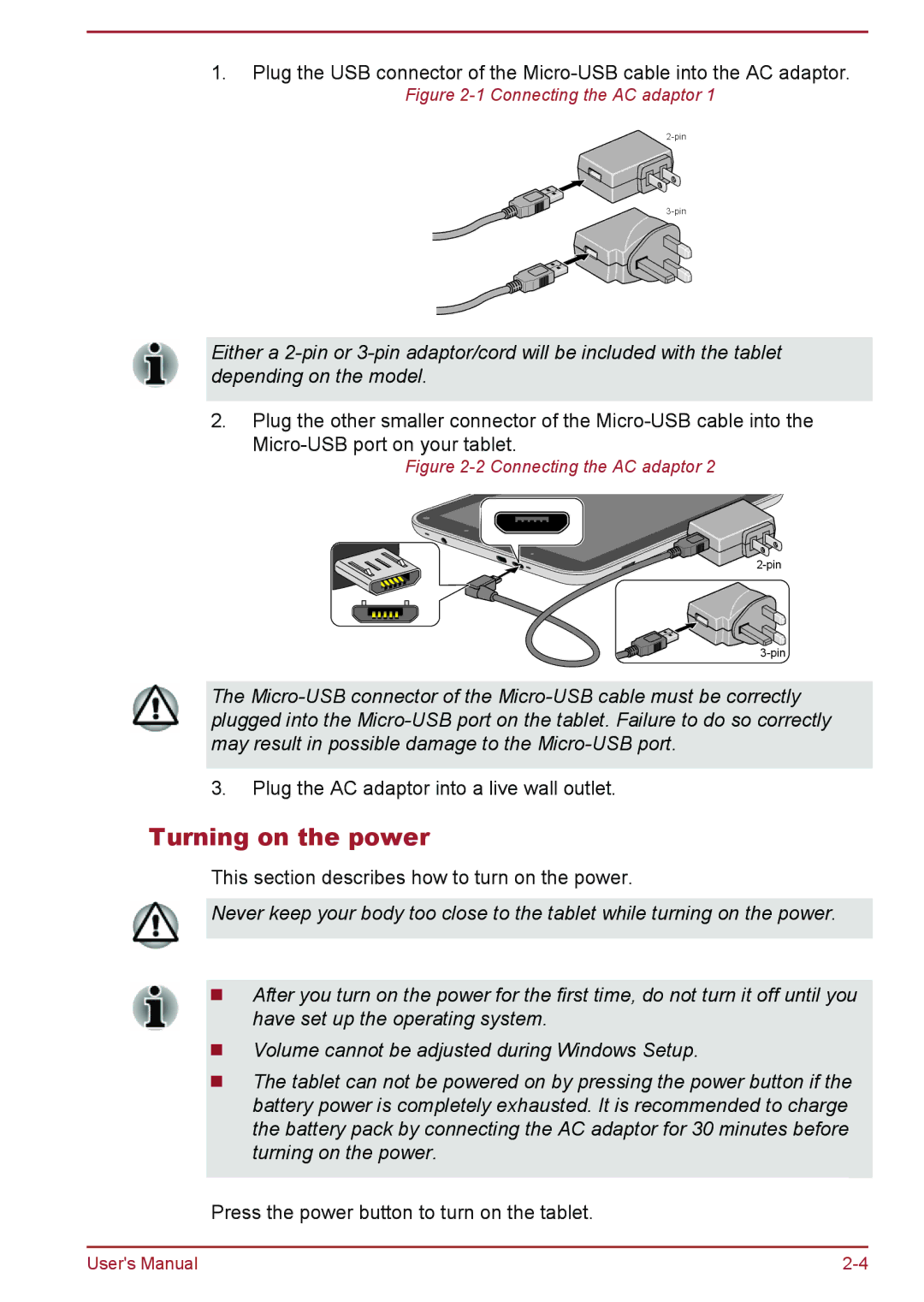 Toshiba WT8-A Series user manual Turning on the power, Connecting the AC adaptor 