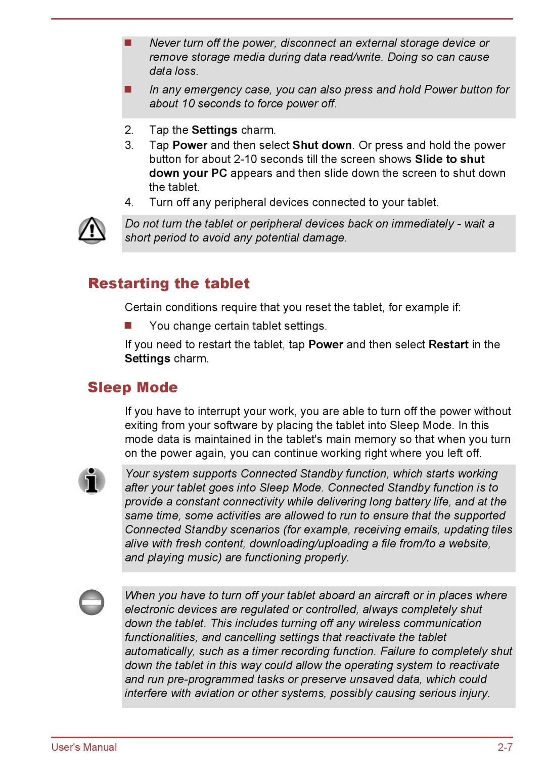 Toshiba WT8-A Series user manual Restarting the tablet, Sleep Mode 