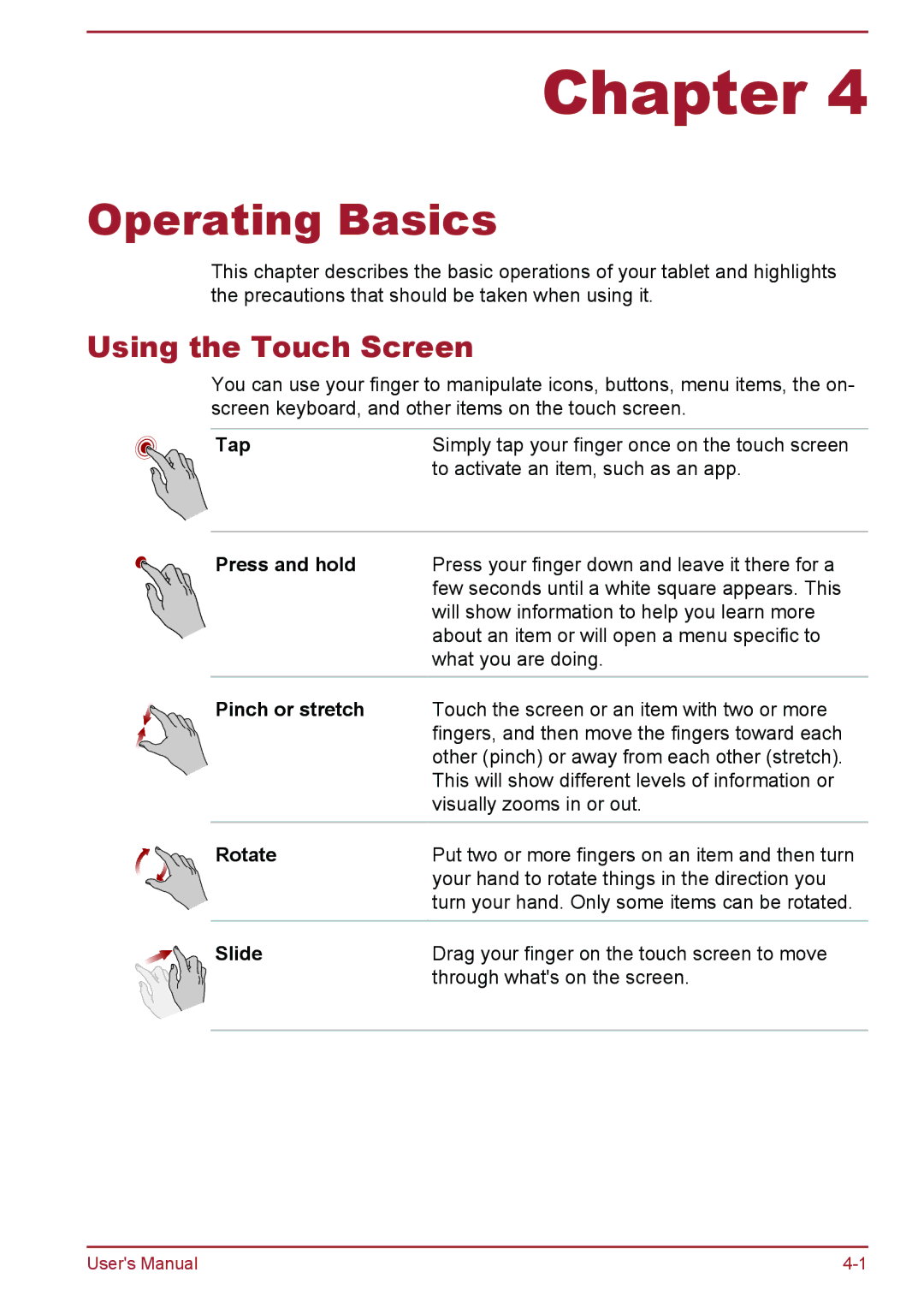 Toshiba WT8-A Series user manual Operating Basics, Using the Touch Screen 